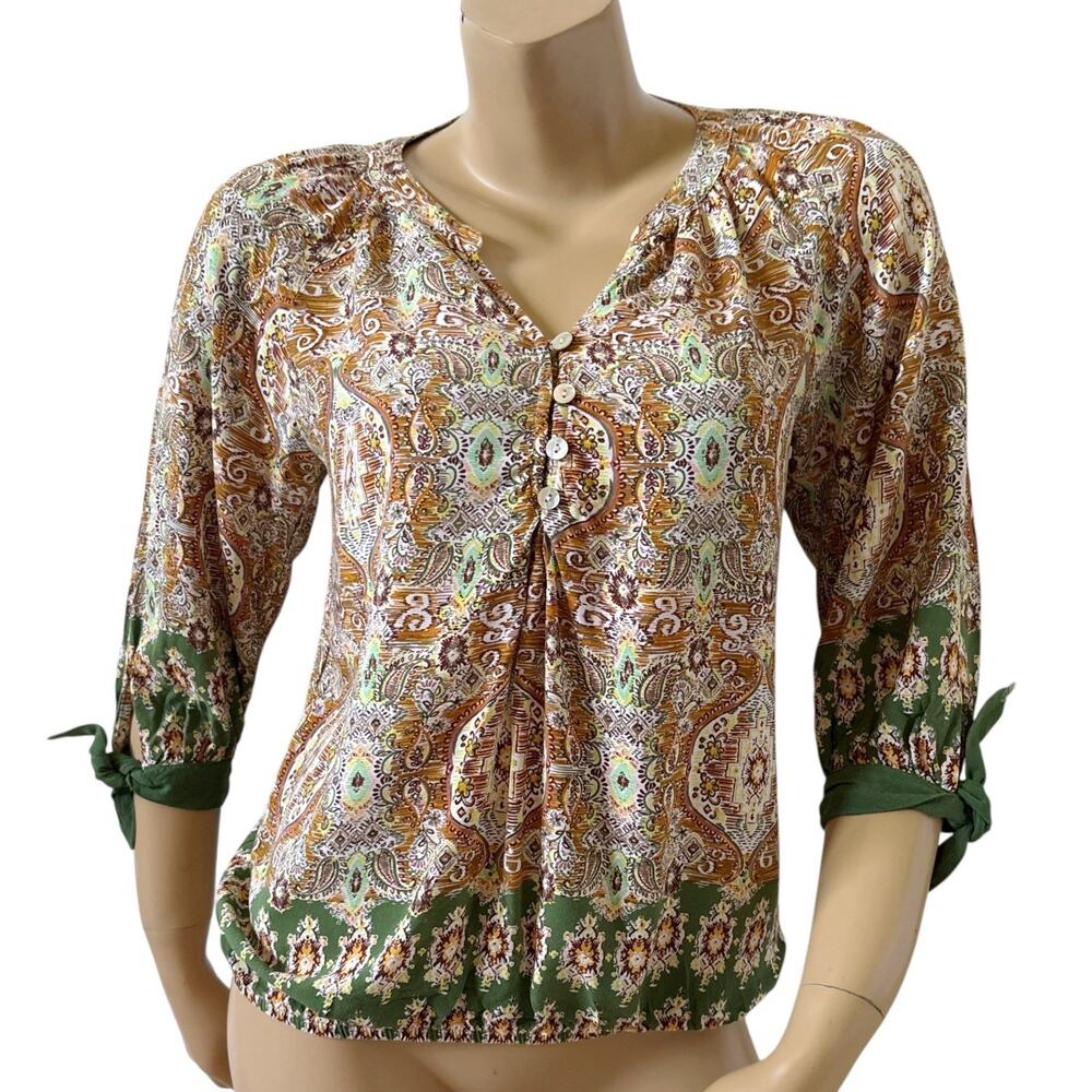 FIG AND FLOWER Womens Size Small 3/4 Sleeve Boho Peasant Popover Blouse Shirt